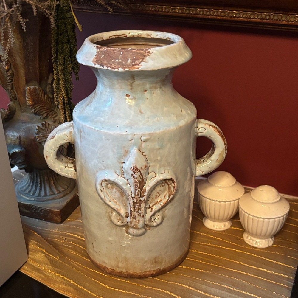 Rustic Blue Ceramic Vase with Fleur-de-Lis Design